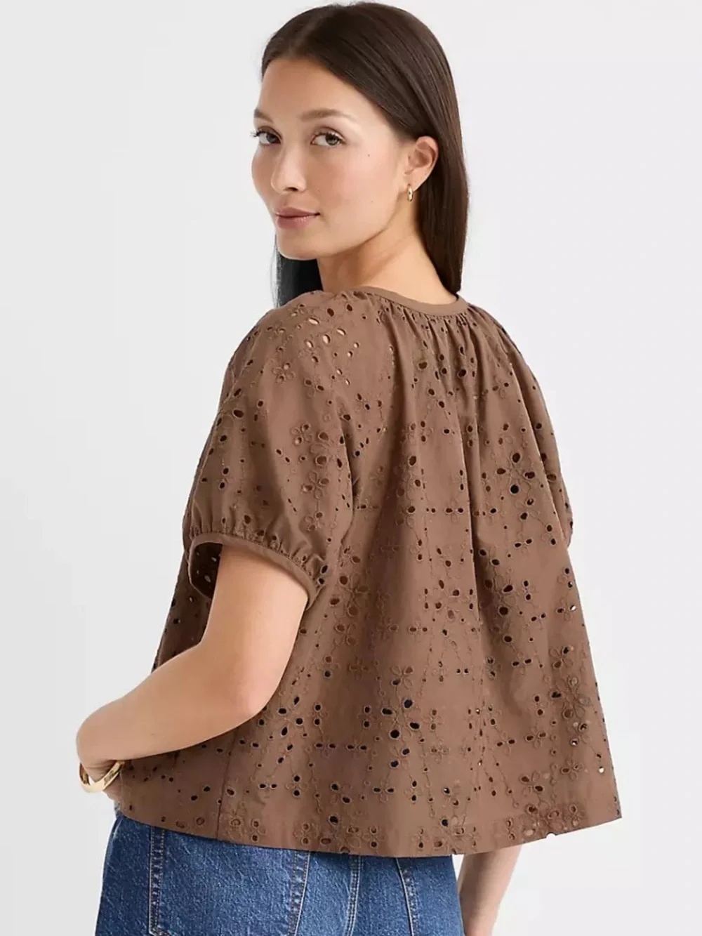 New LOFT Eyelet Puff Sleeve Scoop Neck Blouse Size Large